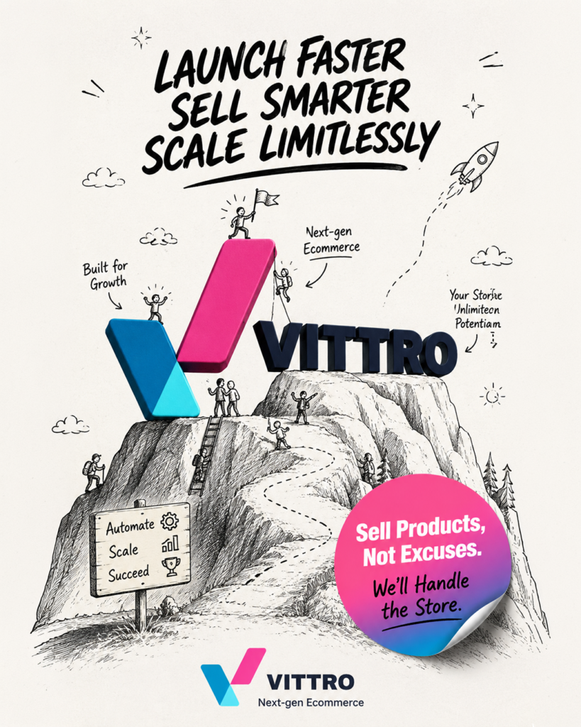 VITTRO Next-gen Ecommerce premium advertising poster featuring mountain-themed logo design with doodle characters symbolizing business growth, online selling, and scalable ecommerce solutions.